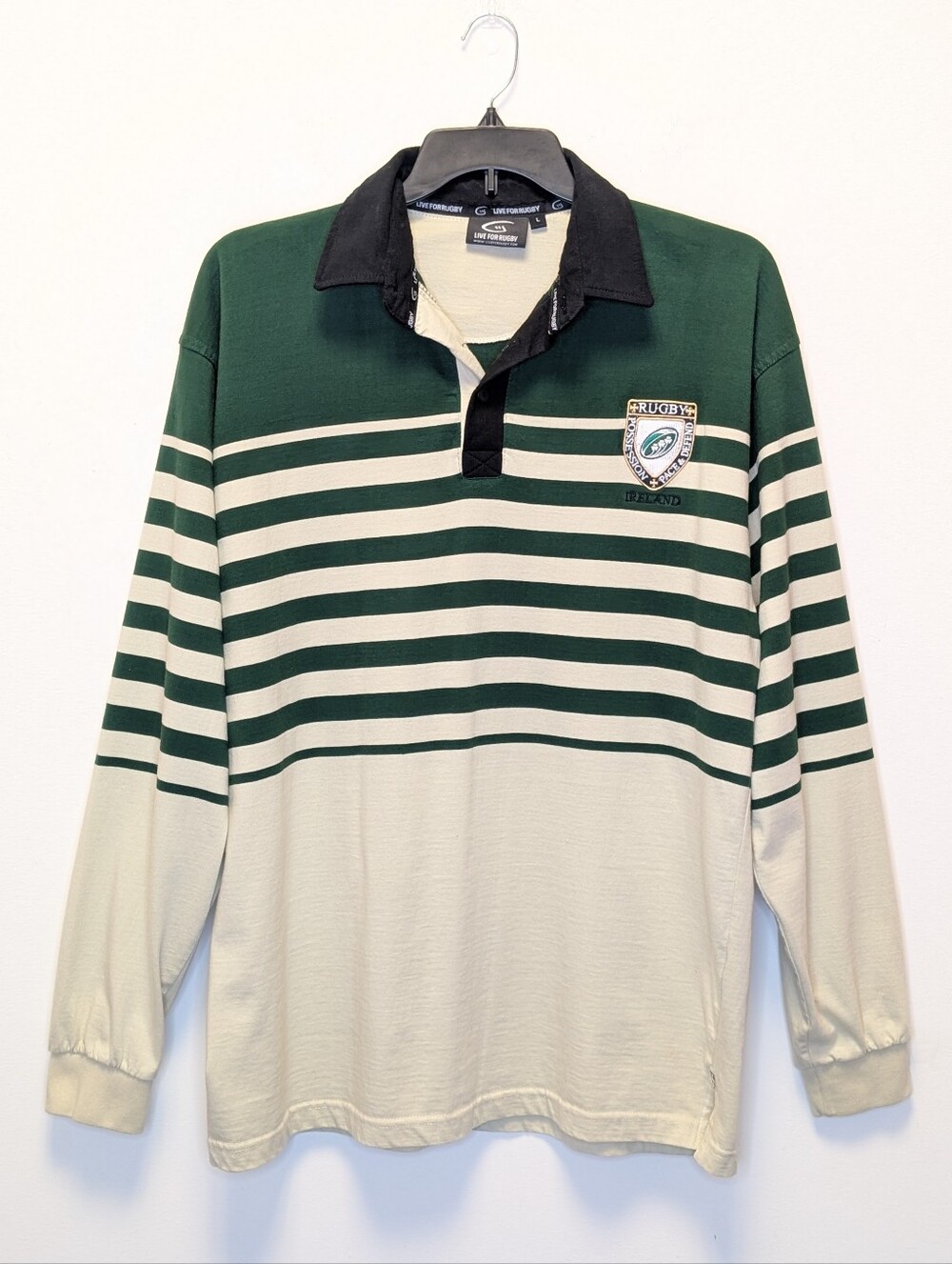 Live For Rugby Ireland Striped Rugby Shirt Green White Long Sleeve Polo Large